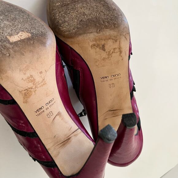 Tibi New York Heeled Bootie Size 7.5 Fuschia Pink Purple Black Ruffle - Picture 9 of 13